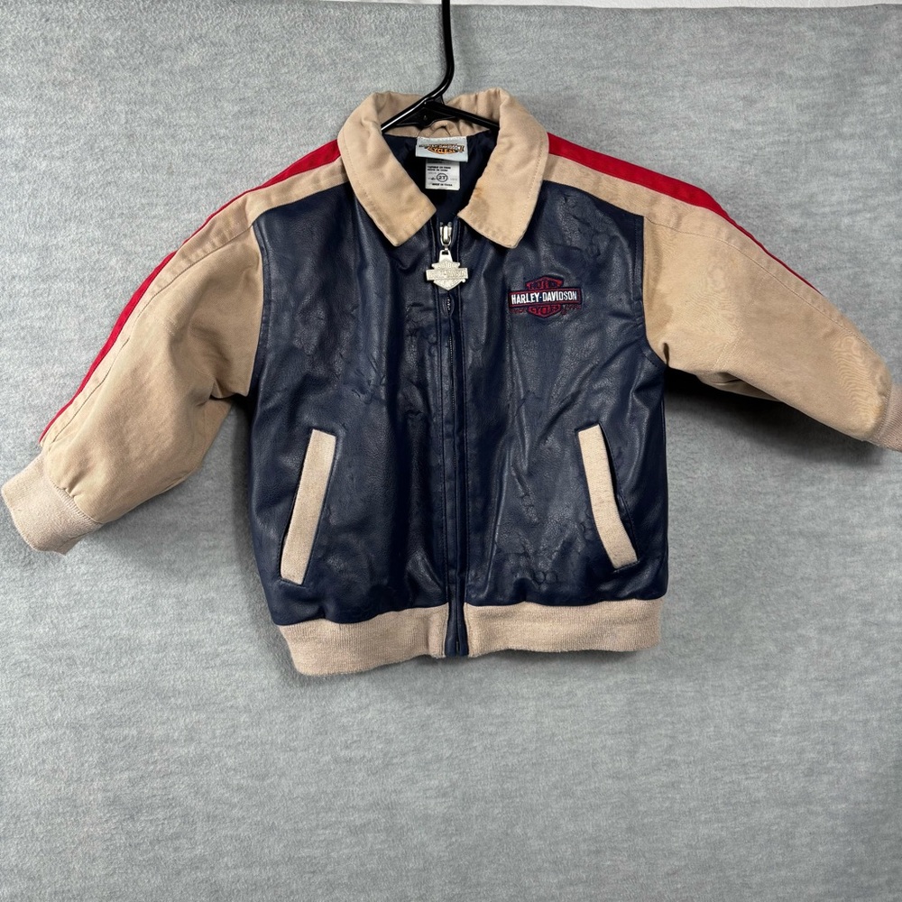 Harley Davidson Jacket Toddler Boys  Zip Up Size 2T Blue Tan Red